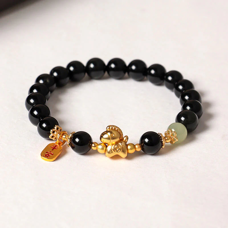 Buddha Stones Year Of The Horse Hetian Jade Black Obsidian Red Agate Strength Bracelet