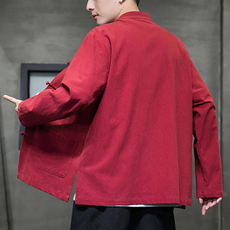 Buddha Stones Simple Frog-Button Chinese Tang Suit Cotton Men Jacket Shirt With Pockets