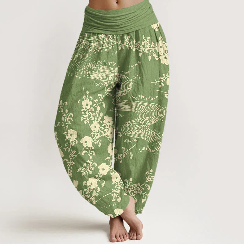 Buddha Stones Pure Cotton Simple Flowers Stream Pattern Women's Elastic Waist Harem Pants
