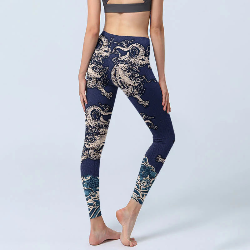 Buddha Stones Symmetry Dragon Wave Pattern Print Gym Leggings Women's Yoga Pants