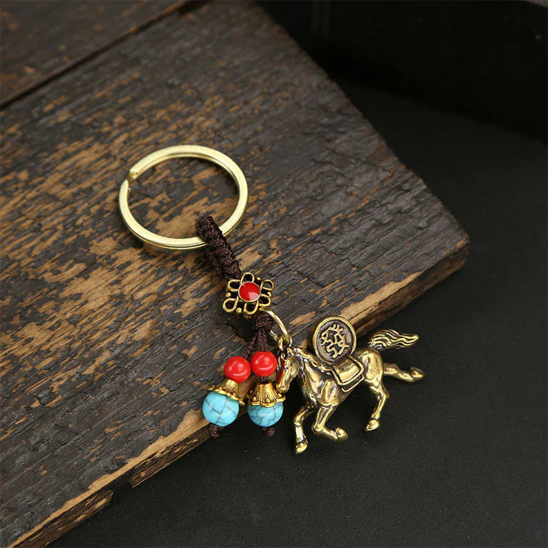 Buddha Stones Year Of The Horse Copper Brass Five-Emperor Coins Wealth Key Chain