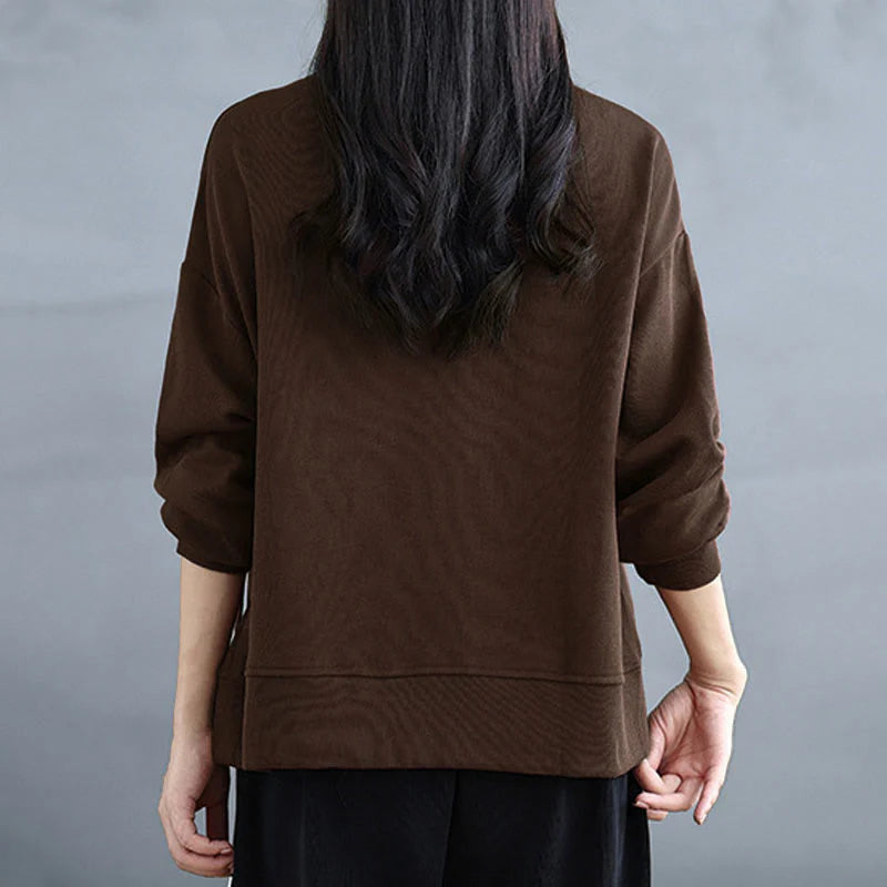 Buddha Stones Plain Frog-button Design Crew Neck Cotton Women's Long Sleeve Sweatshirt