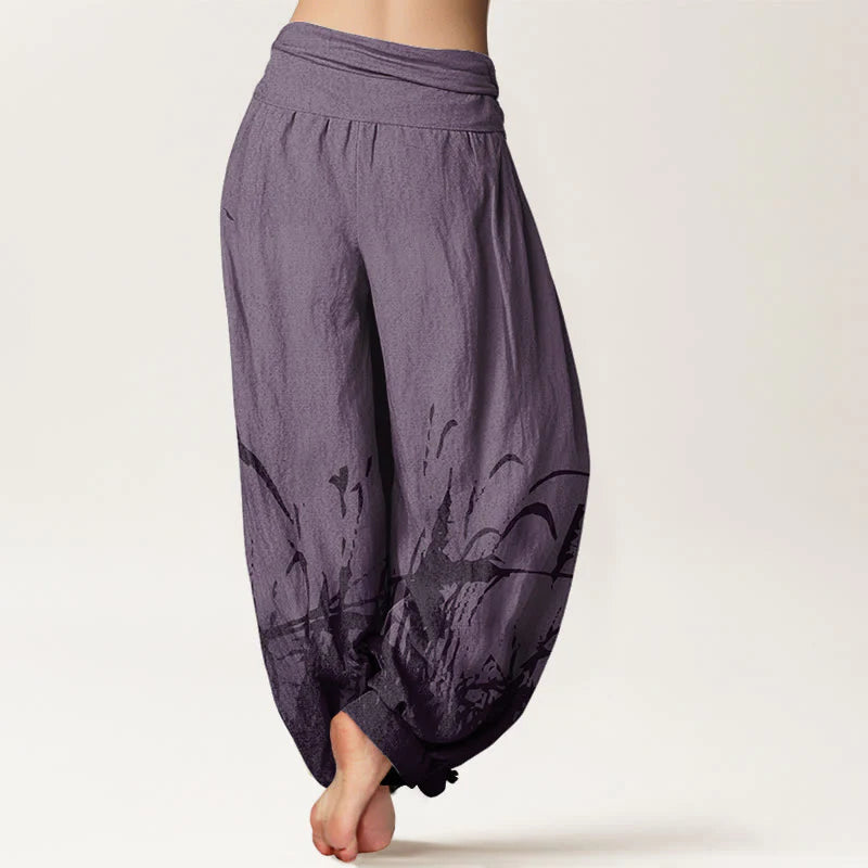 Buddha Stones Cotton Wild Grass Pattern Women's Elastic Waist Harem Pants