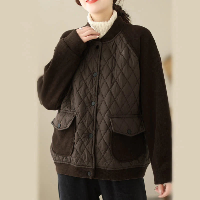 Buddha Stones Diamond Pattern Women's Long Sleeve Thickened Jacket With Pockets