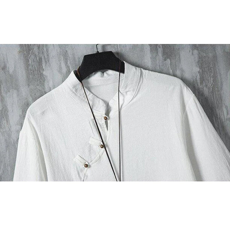 Buddha Stones Summer Chinese Frog-Button Printing Men's Plain Patchwork Half Sleeve Cotton Linen Shirt