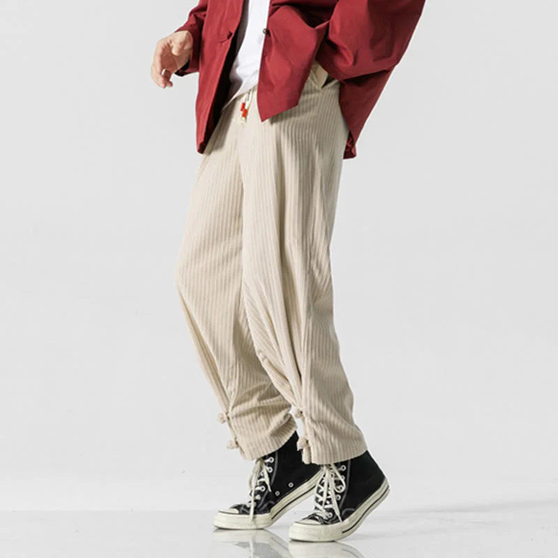 Buddha Stones Fall Winter Men's Pure Color Button Design Cotton Straight Leg Pants With Pockets