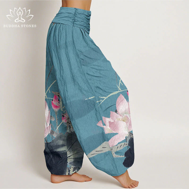 Buddha Stones Cotton Pink Lotus Leaves Bird Pattern Women's Elastic Waist Harem Pants