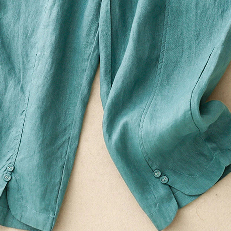 Buddha Stones Summer Solid Color Side Button Design Cotton Linen Women's Harem Pants With Pockets