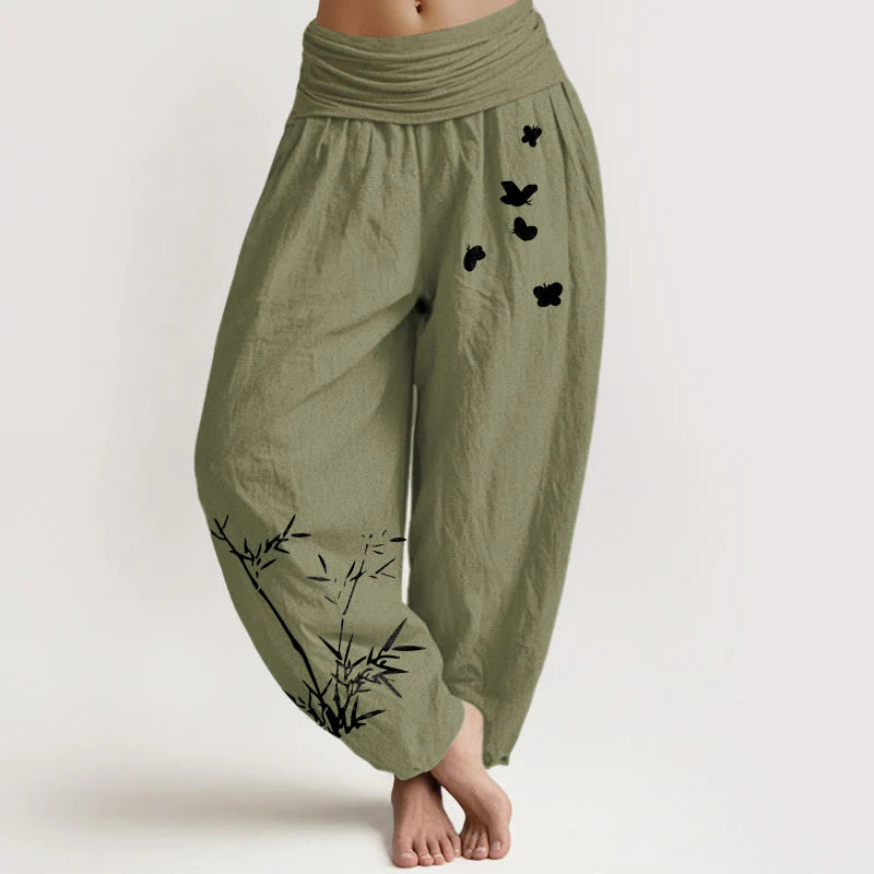 Buddha Stones Pure Cotton Concise Bamboo Butterfly Pattern Women's Elastic Waist Harem Pants