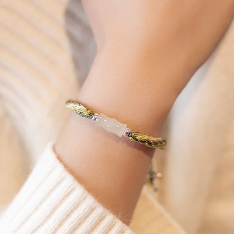 Buddha Stones White Jade Bamboo Reincarnation Knot Wealth Luck Strength String Bracelet