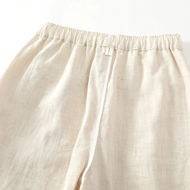 Buddha Stones Summer Ramie Linen Cotton Ankle-Length Elastic Cuffs Tapered Men's Pants With Pockets