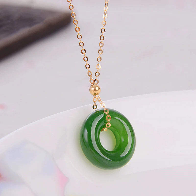Round Cyan Jade Healing 14k Gold Plated Copper Necklace Pendant