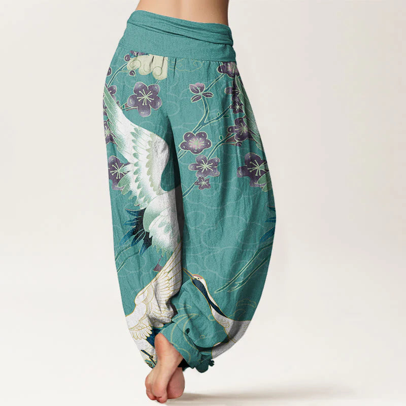 Buddha Stones Cotton Cranes Flowers Auspicious Clouds pattern Women's Elastic Waist Harem Pants