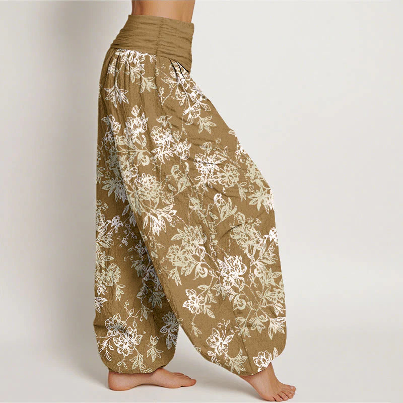 Buddha Stones Cotton Retro Layered Petals Pattern Women's Elastic Waist Harem Pants