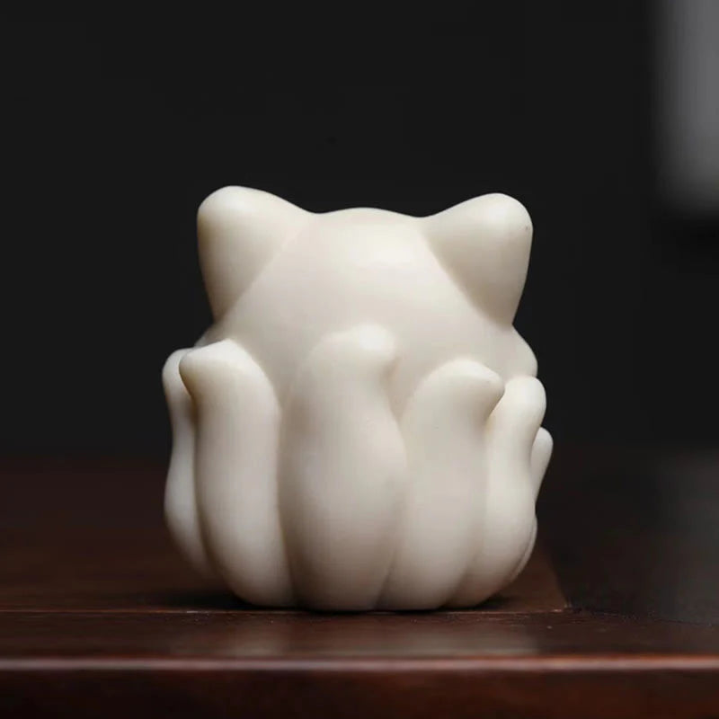 Buddha Stones Mini Nine Tailed Fox Ivory Fruit Sandalwood Green Sandalwood Blessing Decoration