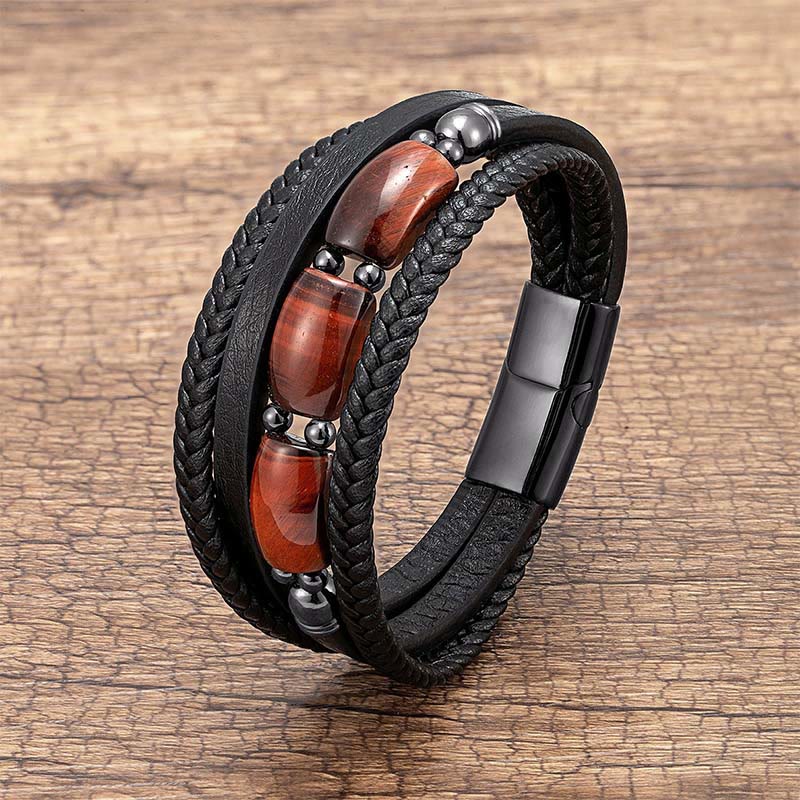 Buddha Stones Natural Tiger Eye Green Tiger Eye Red Tiger Eye Leather Strengthen Bracelet