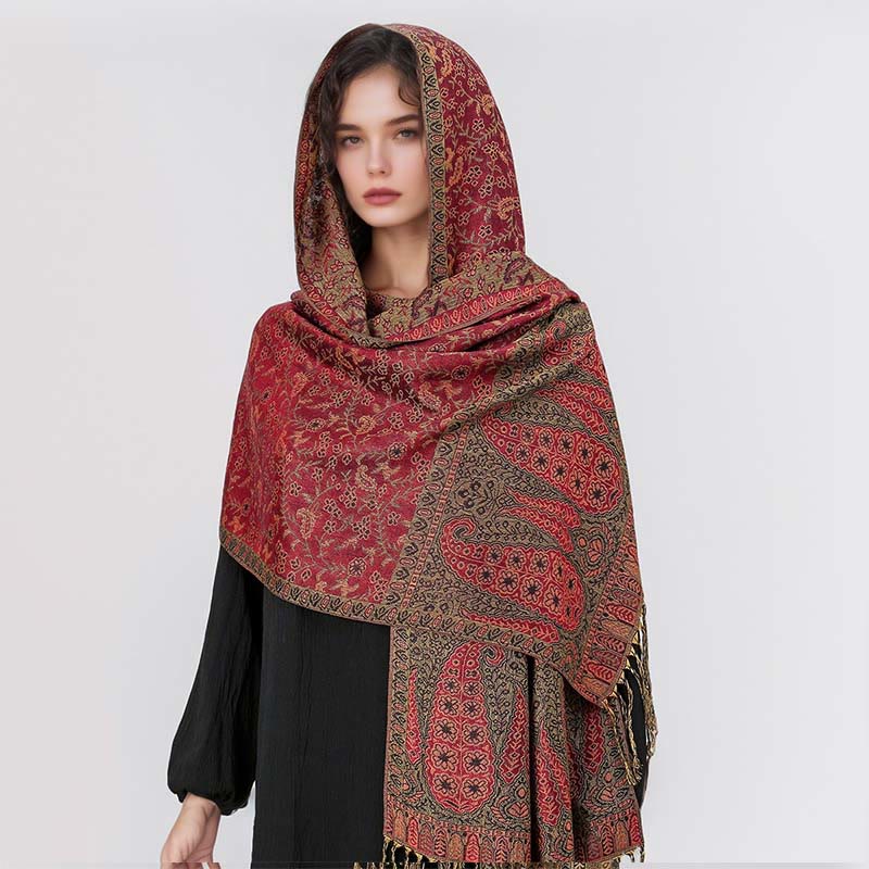 Buddha Stones Tibetan Jacquard Paisley Flower Pattern Color Contrast Design Tassel Cozy Scarf Shawl