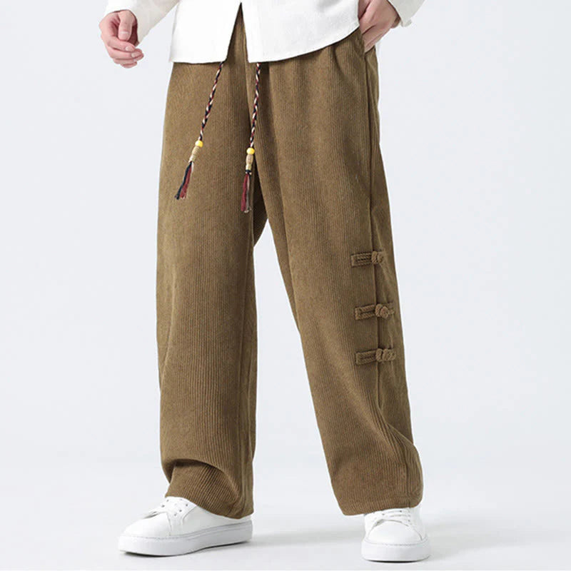 Buddha Stones Fall Solid Frog-Button Men's Drawstring Corduroy Straight Leg Pants With Pockets