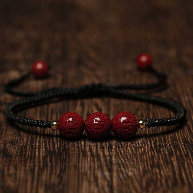 Buddha Stones Handmade Cinnabar Om Mani Padme Hum Engraved Beads Blessing Braided Bracelet