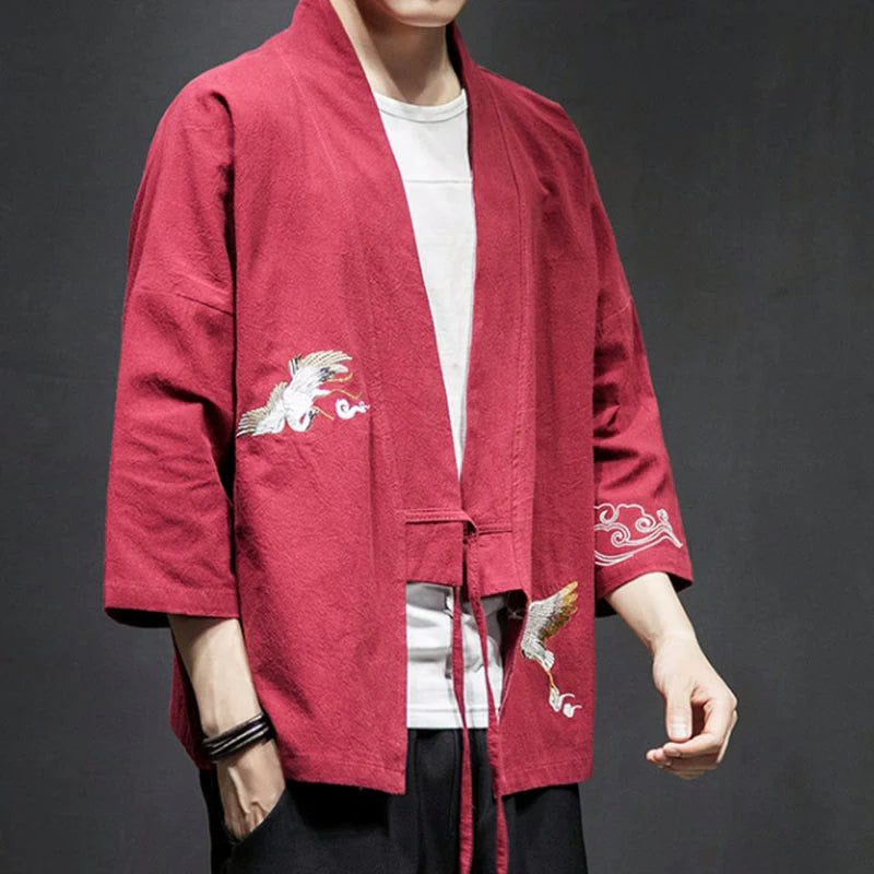 Buddha Stones Embroidery Open Front Jacket Cotton Linen Men's Three Quarter Sleeve Kimono