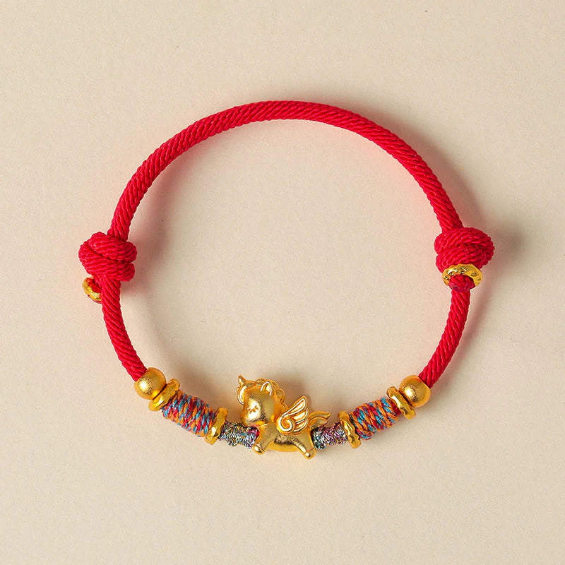 Buddha Stones Year of the Horse 999 Sterling Silver Plated Gold Braided String Rope Protection Bracelet