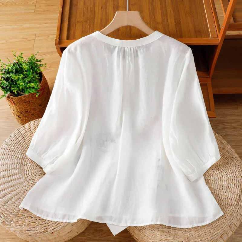 Buddha Stones Coral Gourd Pattern Crew Neck Half Sleeve Women's Polyester Shirt
