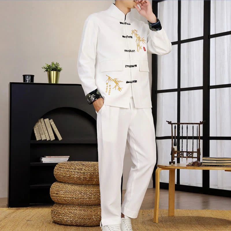 Buddha Stones 2Pcs Tang Suit Bamboo Frog-Button Men's Long Sleeve Shirt Pants Clothing Set