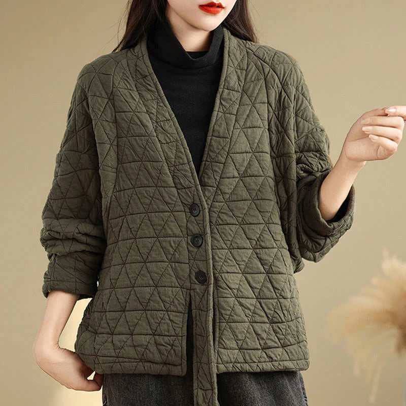 Buddha Stones Women's Buttons Long Sleeve Thickened Cotton Jacket With Pockets