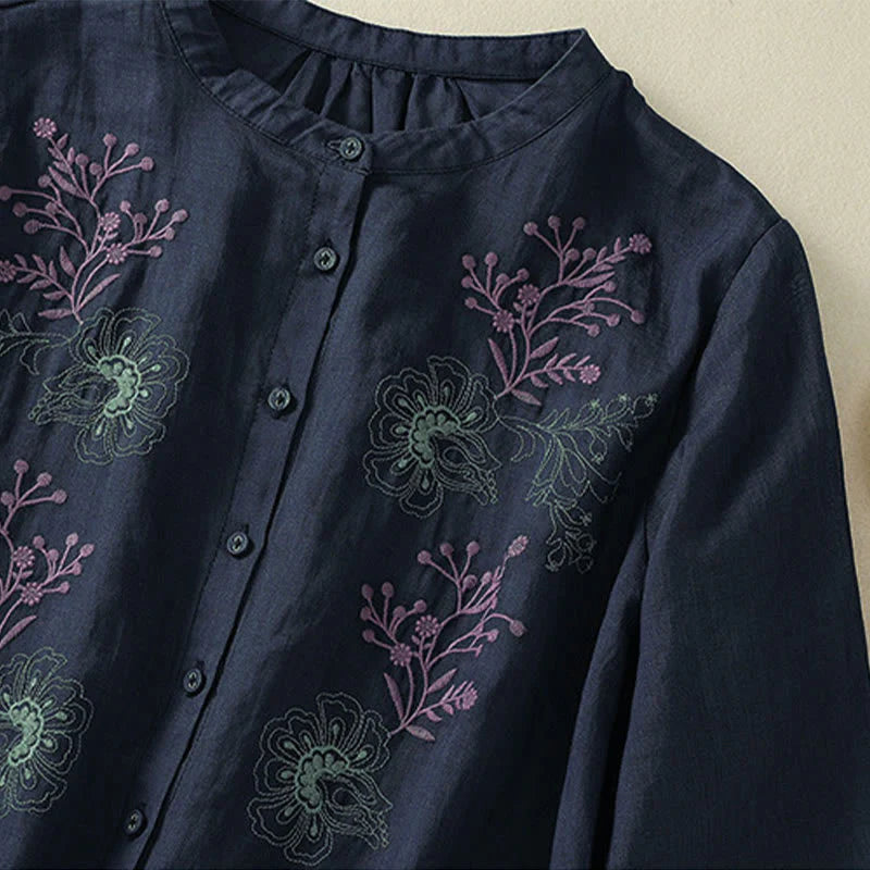 Buddha Stones Embroidery Pleated Design Stand Collar Three Quarter Sleeve Side Slit Hem Women's Cotton Shirt