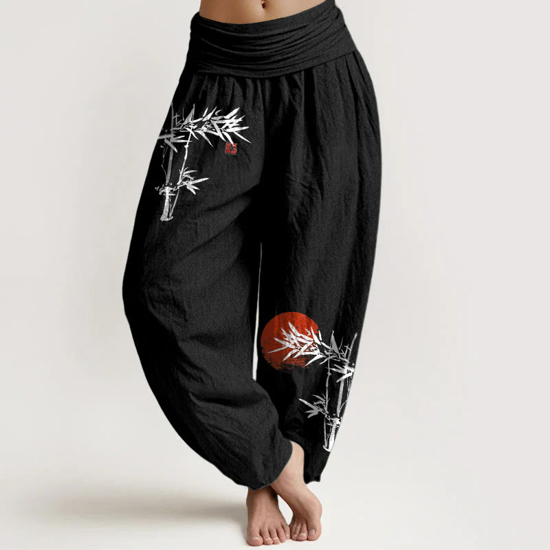 Buddha Stones Bamboo Leaves Red Sun Pattern Women's Elastic Waist Harem Pure Cotton Pants