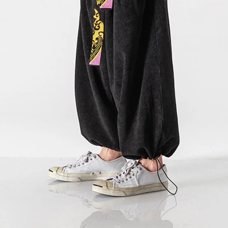 Buddha Stones Fall Winter Lace-up Chinese Character Embroidery Men's Corduroy Pants With Pockets