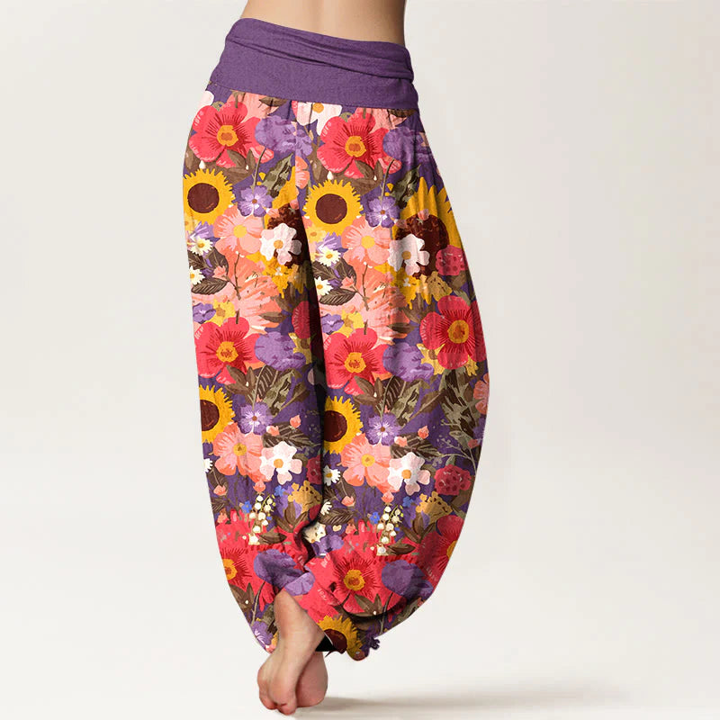 Buddha Stones Pure Cotton Colorful Sunflower Daisy Small Red Purple Flowers Pattern Women's Elastic Waist Harem Pants