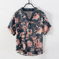 Buddha Stones Cotton Pink Floral Henley Men's Short Sleeve Half Button Shirt