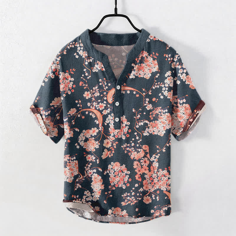 Buddha Stones Cotton Pink Floral Henley Men's Short Sleeve Half Button Shirt