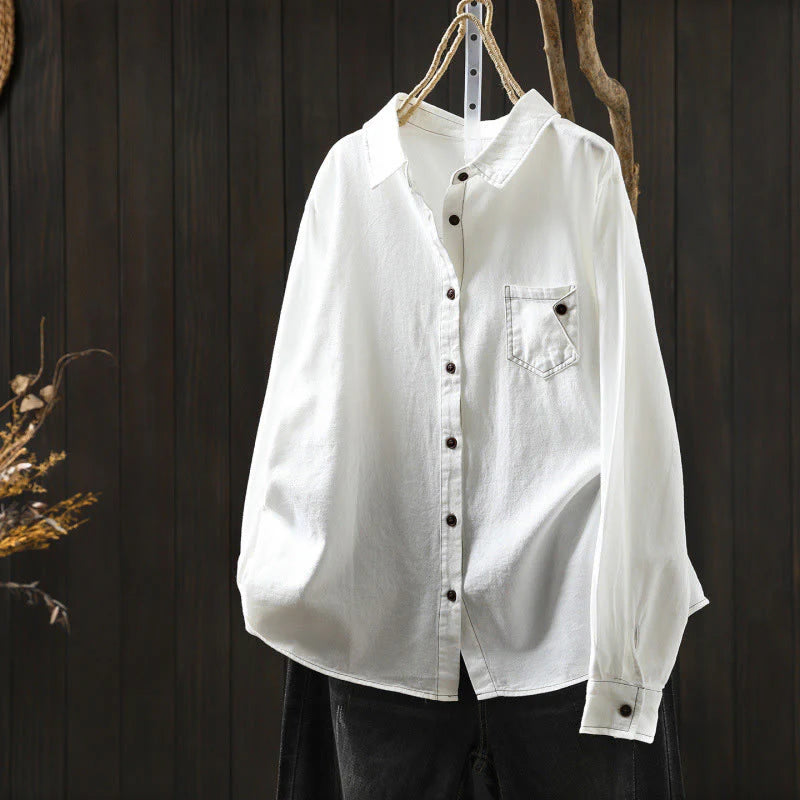 Buddha Stones Fall Buttons Down Pocket Decor Design Women's Stand Collar Long Sleeve Cotton Shirt