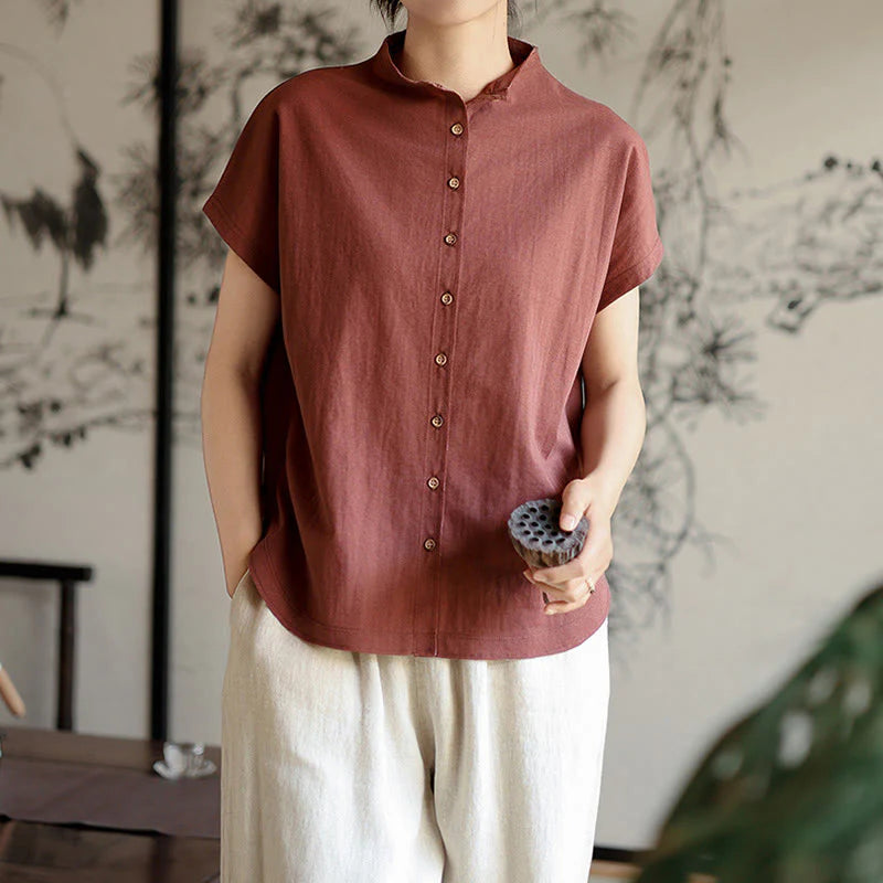 Buddha Stones Vintage Buttons Design Stand Collar Cotton Short Sleeve Women's Shirt