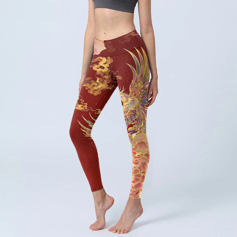 Buddha Stones Gorgeous Phoenix Peony Cloud Pattern Print Gym Leggings Women's Yoga Pants