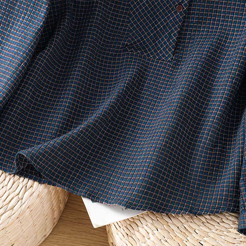 Buddha Stones Fall Blue Plaid V-Neck Buttons Design Women's Cotton Long Sleeve Shirt