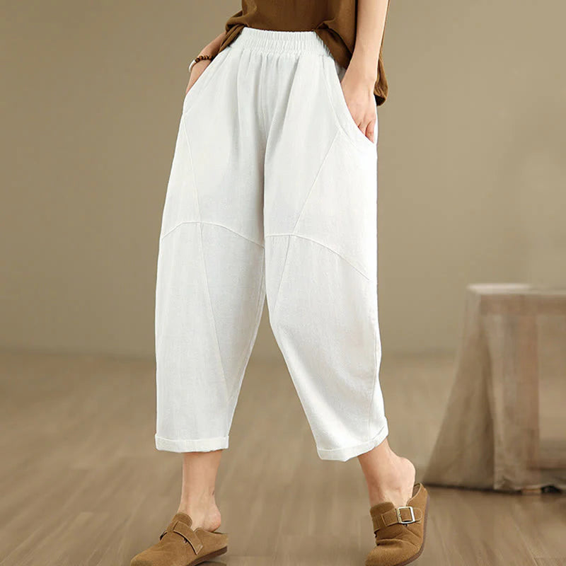 Buddha Stones Spring 7-8 Length Solid Color Women's Cotton Linen Harem Pants With Pockets