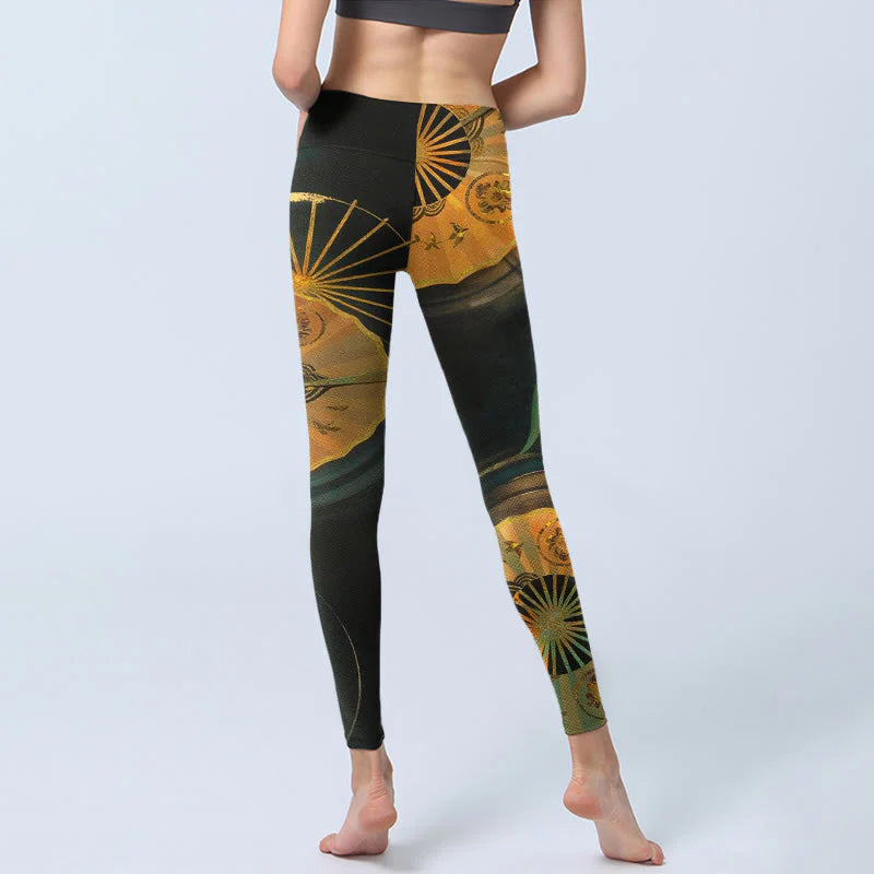 Buddha Stones Gorgeous Folding Fan Koi Fish Print Gym Leggings Women's Yoga Pants