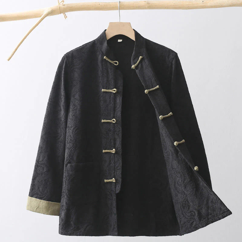 Buddha Stones Spring Jacquard Men's Frog-Button Cotton Long Sleeve Jacket With Pockets