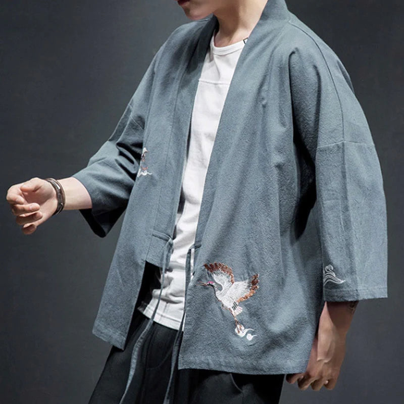 Buddha Stones Embroidery Open Front Jacket Cotton Linen Men's Three Quarter Sleeve Kimono
