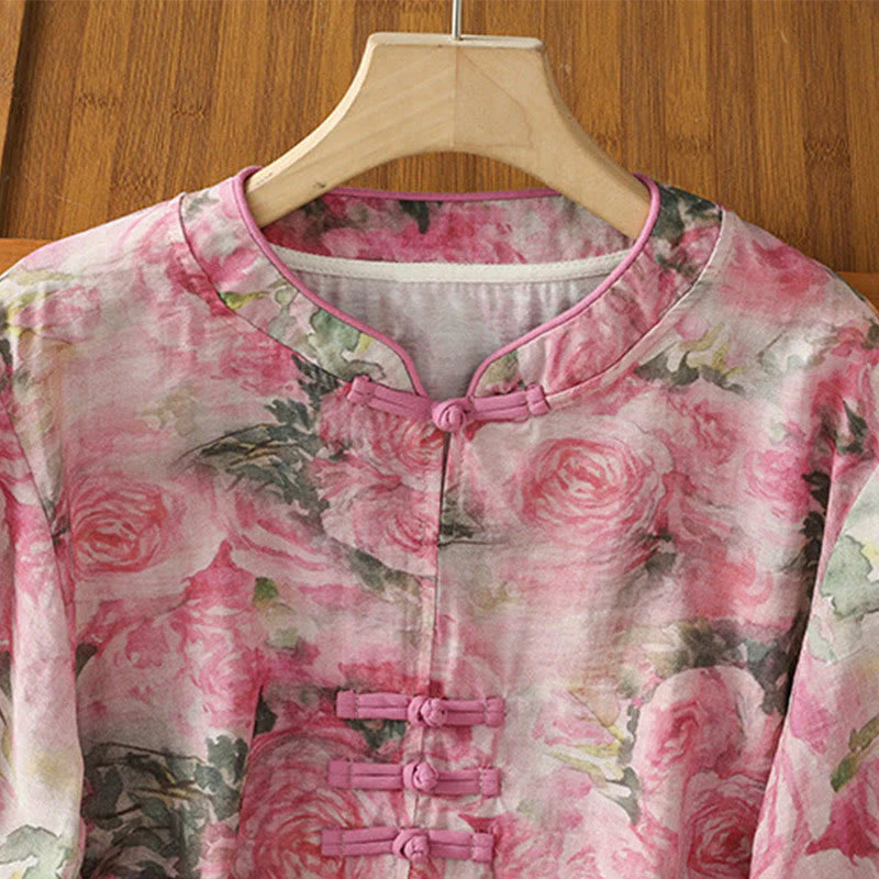 Buddha Stones Printing Floral Plain Chinese Frog-Button Women's Cotton Three Quarter Sleeve Shirt