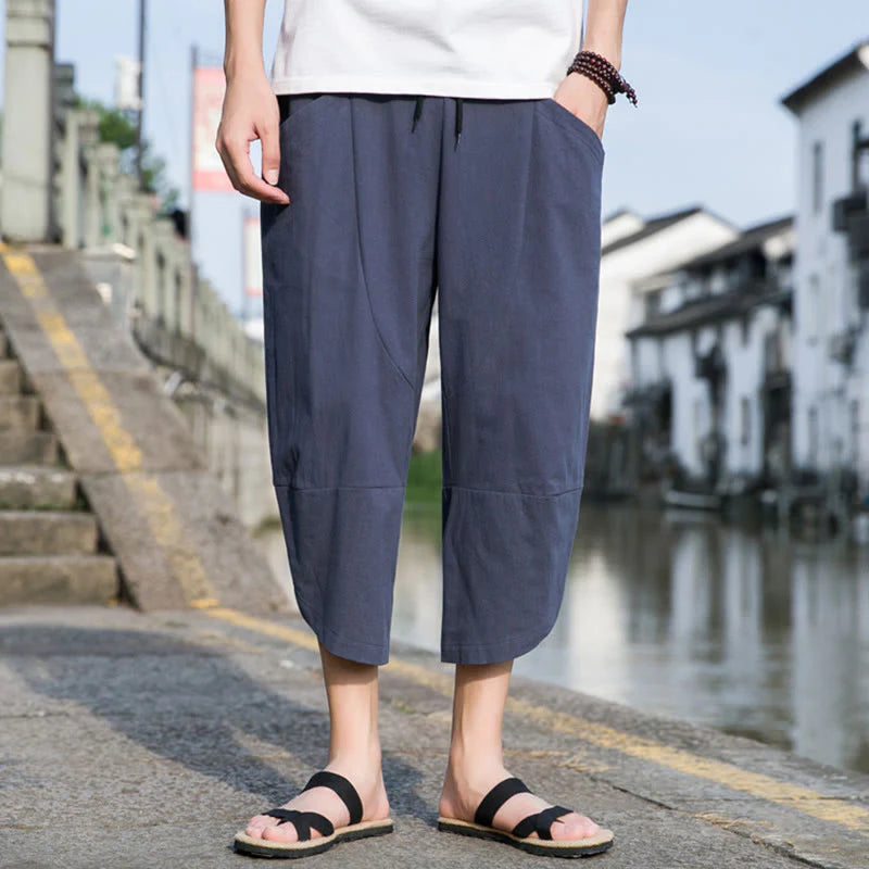 Buddha Stones Summer Casual Simple Plain Tapered Design Drawstring Men's  7-8 Length Cotton Linen Pants With Pockets