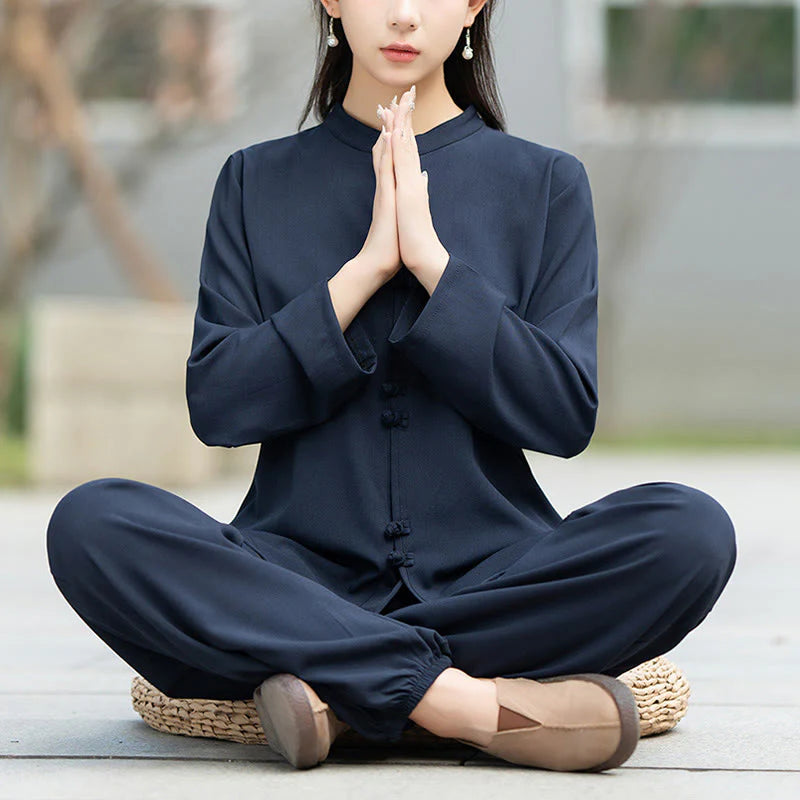 Buddha Stones 2Pcs Chinese Frog-Button Long Sleeve Shirt Top Pants Meditation Zen Tai Chi Cotton Clothing Women's Set