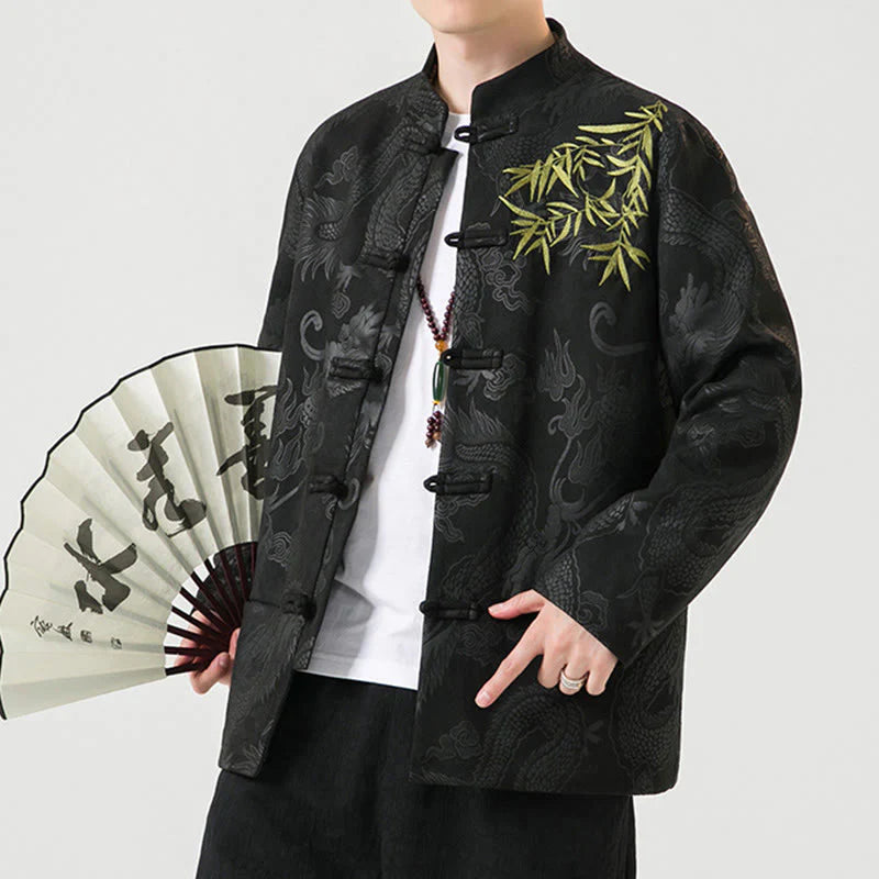 Buddha Stones Bamboo Dragon Frog-Button Desgin Long Sleeve Men's Jacket