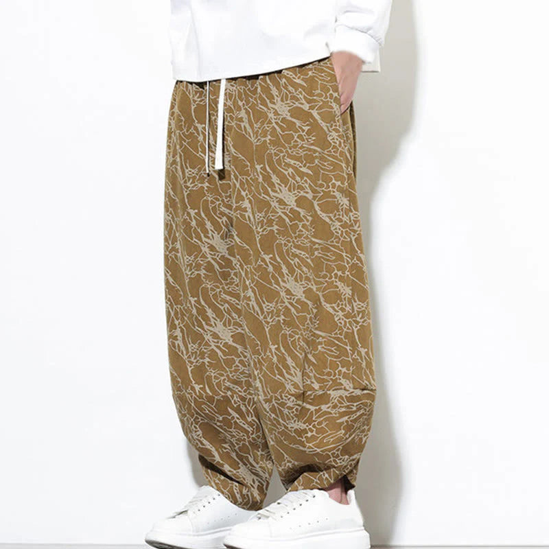Buddha Stones Fall Textured Lines Print Cotton Elastic Waist Ankle-Length Men's Harem Pants With Pockets