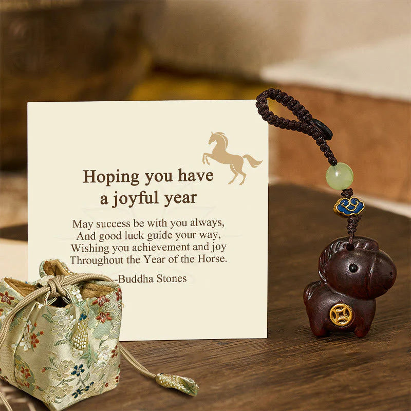 Buddha Stones Hoping You Have a Joyful Year Year of the Horse Rainbow Eucalyptus Small Leaf Red Sandalwood Key Chain Includes Gift Message Card