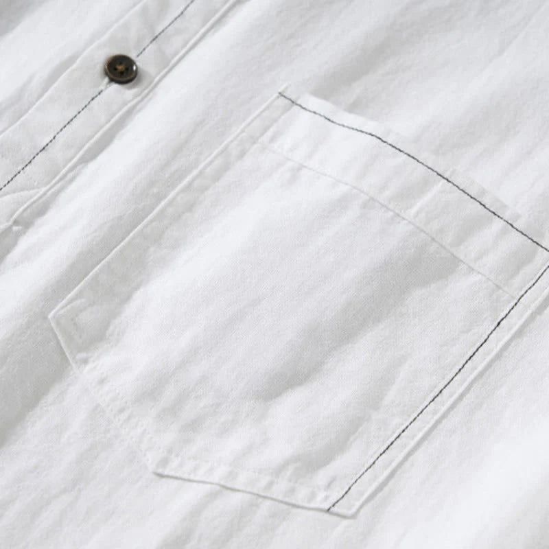 Buddha Stones Summer Solid Men's Half Button Short Sleeve Cotton Shirt