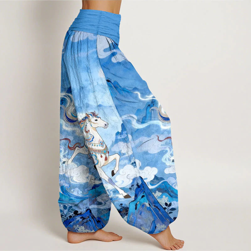 Buddha Stones Cotton Gorgeous Mountain Horse Cloud Pattern Women's Elastic Waist Harem Pants